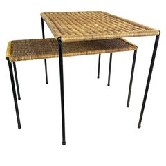 Vintage Pair of Midcentury Carl Auböck Wicker Top Coffee 
Side Table, 1950s, Austria