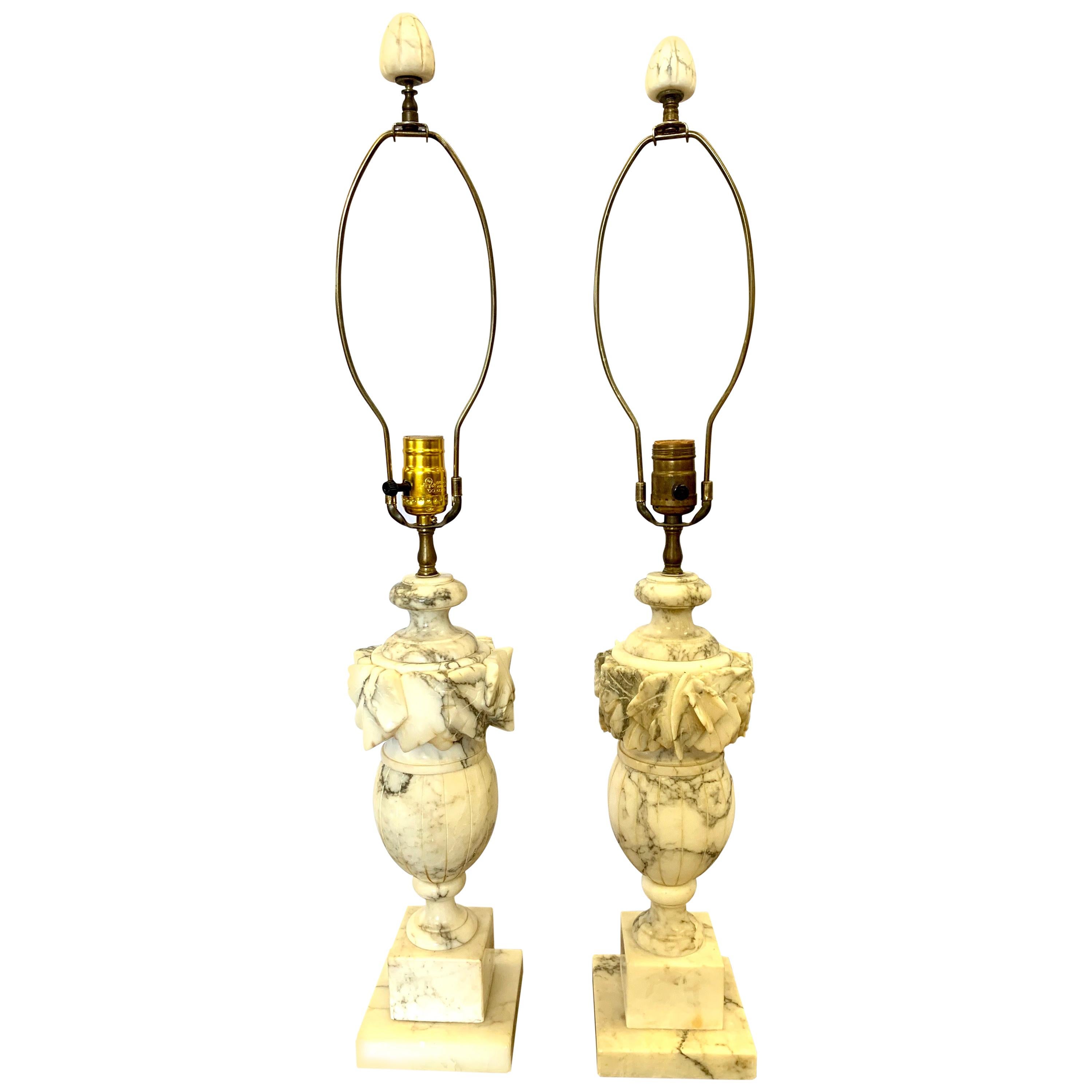 Pair of Midcentury Carved Neoclassical Alabaster Lamps Made in Italy