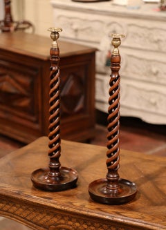 Pair of Midcentury Carved Oak Barley Twist Candlesticks with Bronze Finials
