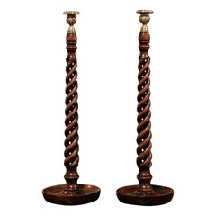 Pair of Midcentury Carved Oak Barley Twist Candlesticks with Bronze Finials