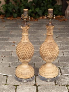 Pair of Midcentury Carved Wood Fragments Made into Table Lamps with Lucite Bases