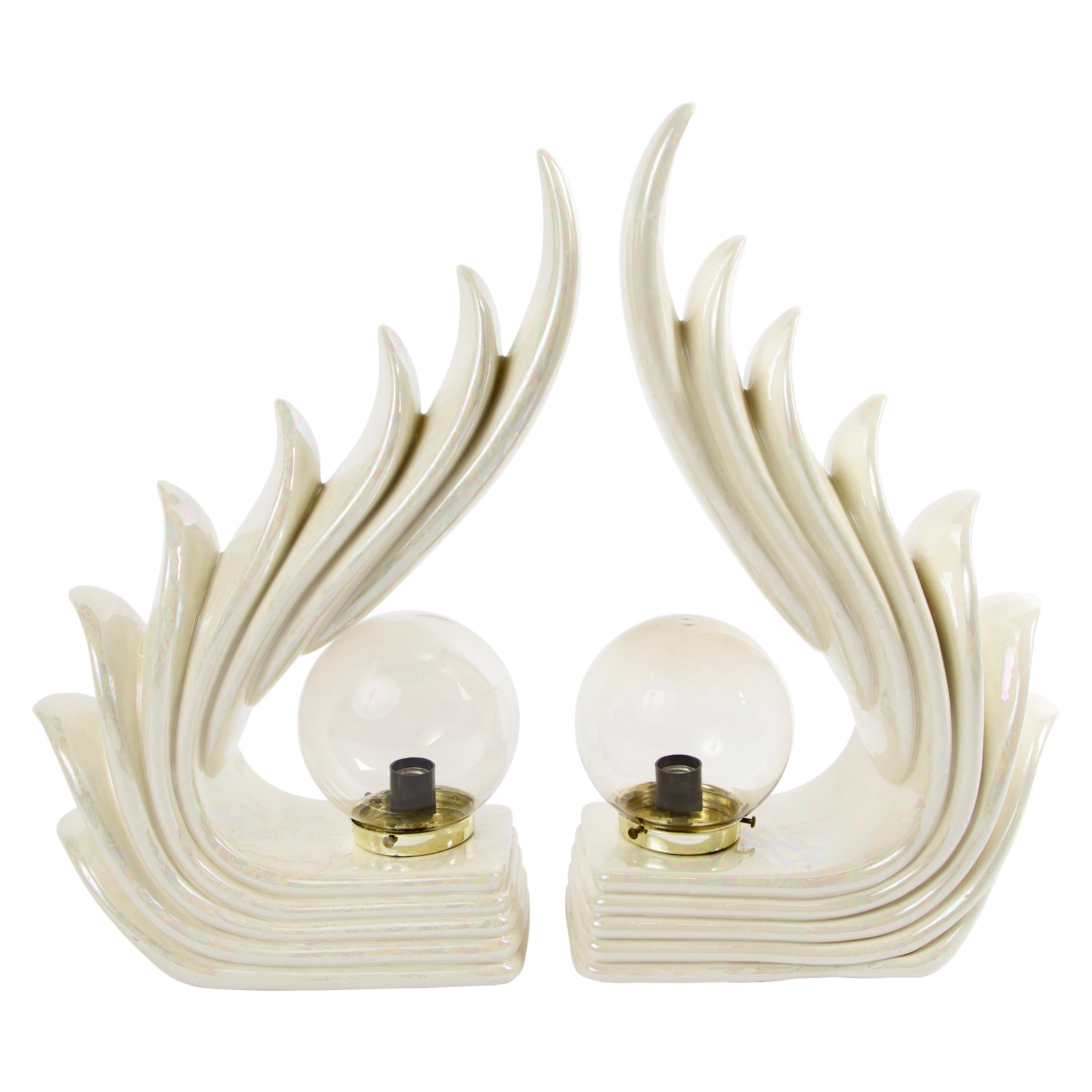 Pair of Midcentury Ceramic Art Deco Wave Table Lamps