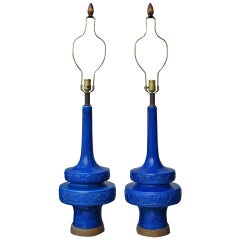 Pair of Midcentury Ceramic Cobalt Blue Tall Lamps