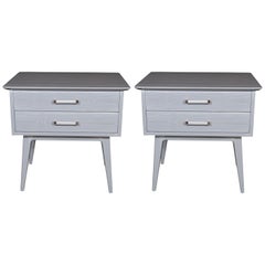 Pair of Midcentury Cerused Nightstands with Chromed Fittings by John Stuart Inc.