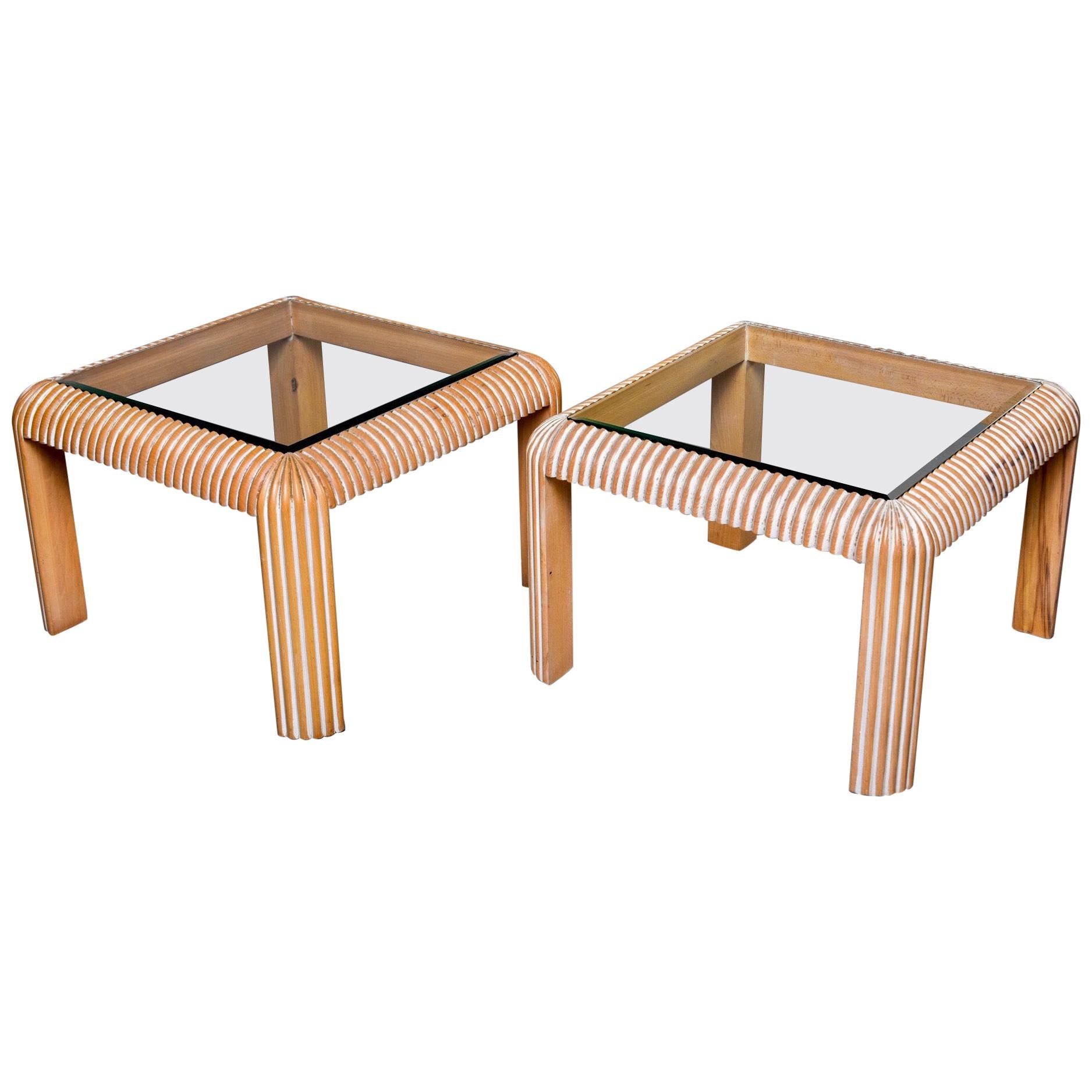 Pair of Midcentury Cerused Side Tables with Reeded Legs and Glass Tops