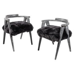 Pair of Midcentury Cerused Wood and Fur Scissor Leg Chairs