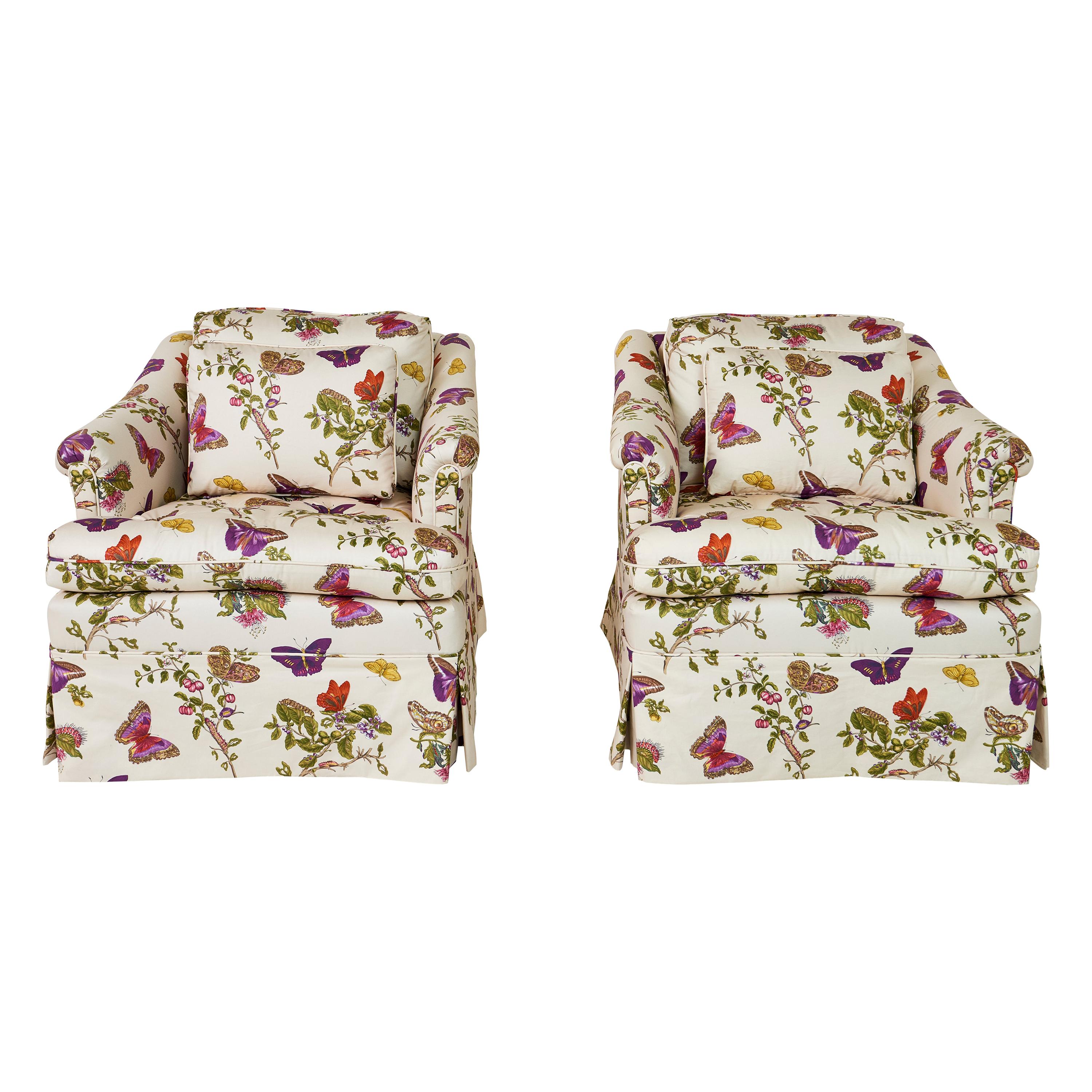 Pair of Midcentury Chairs Upholstered in Schumacher's Baudin Butterfly Chintz