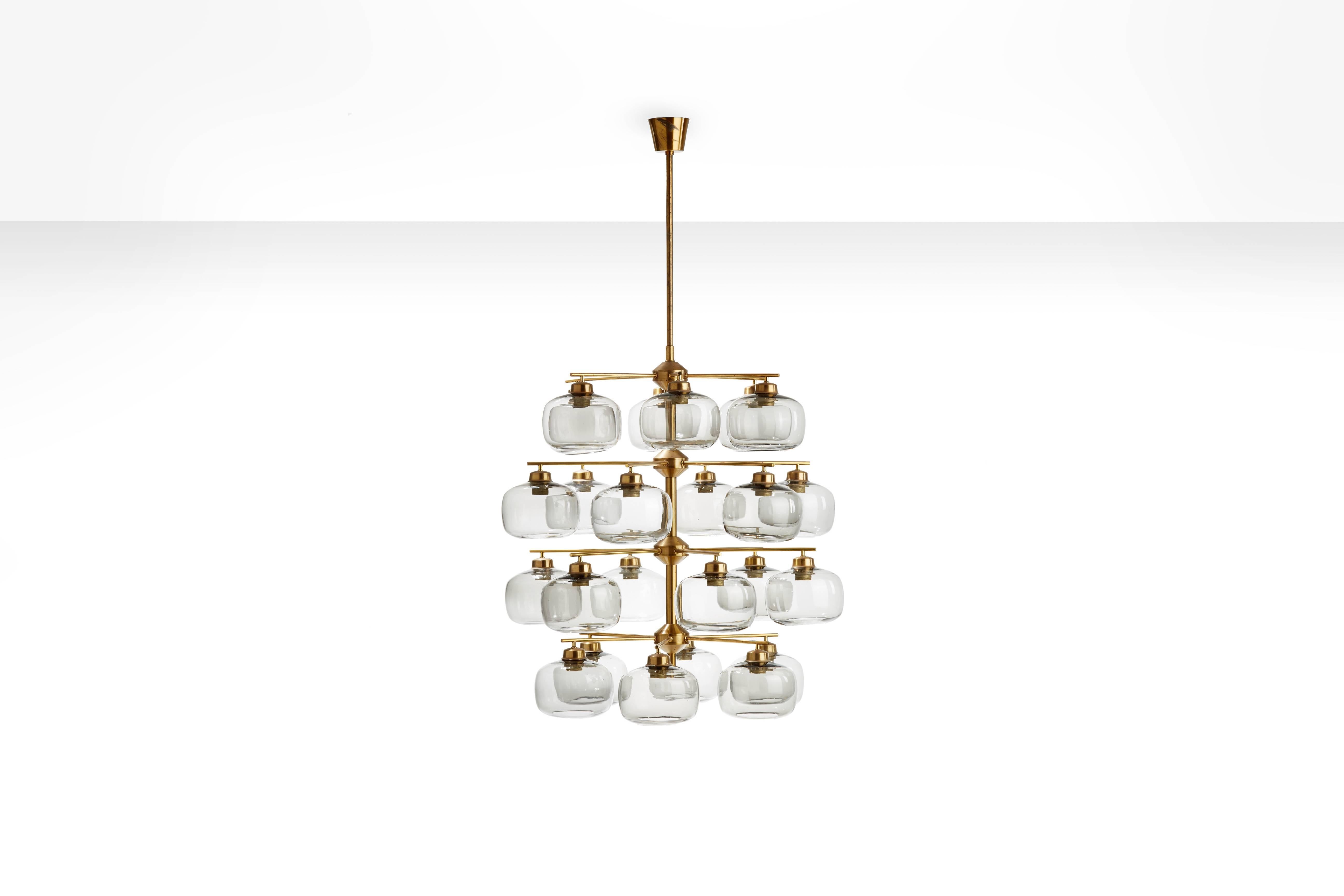 Scandinavian Modern Pair of Midcentury Chandeliers with 24 Smoked Glass Shades by Holger Johansson