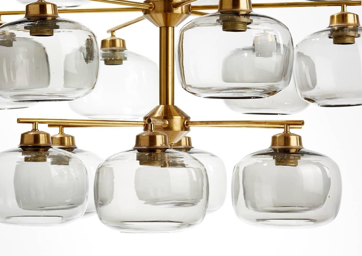 Swedish Pair of Midcentury Chandeliers with 24 Smoked Glass Shades by Holger Johansson