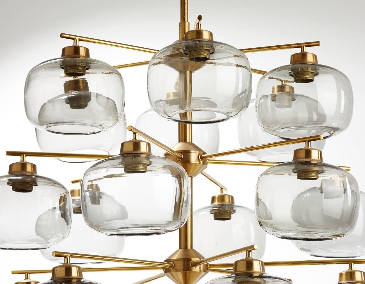 Pair of Midcentury Chandeliers with 24 Smoked Glass Shades by Holger Johansson In Good Condition In Utrecht, NL