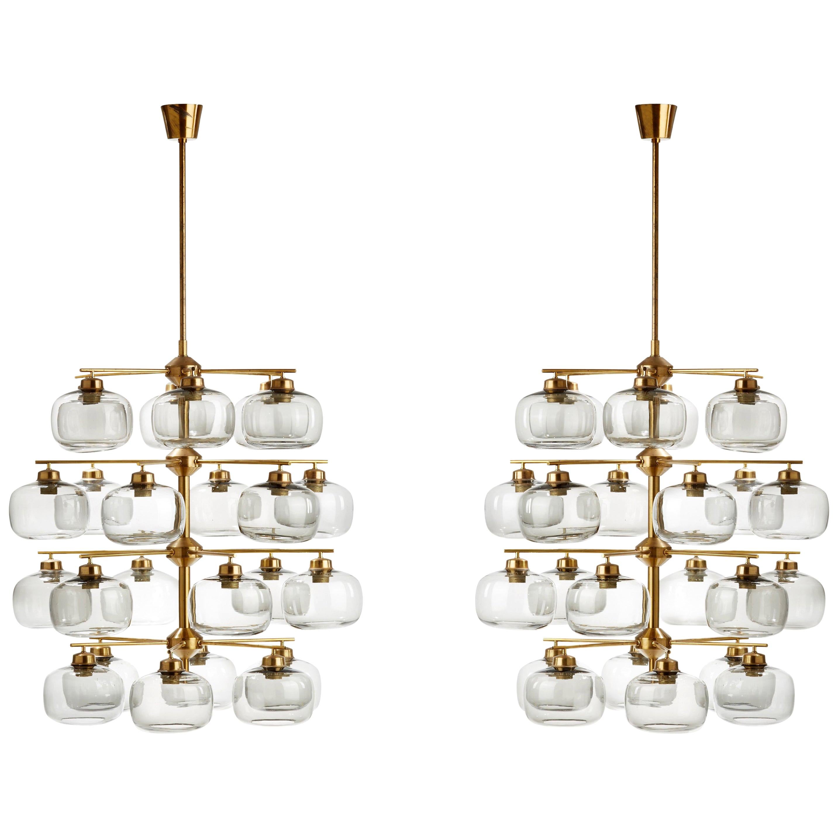 Pair of Midcentury Chandeliers with 24 Smoked Glass Shades by Holger Johansson