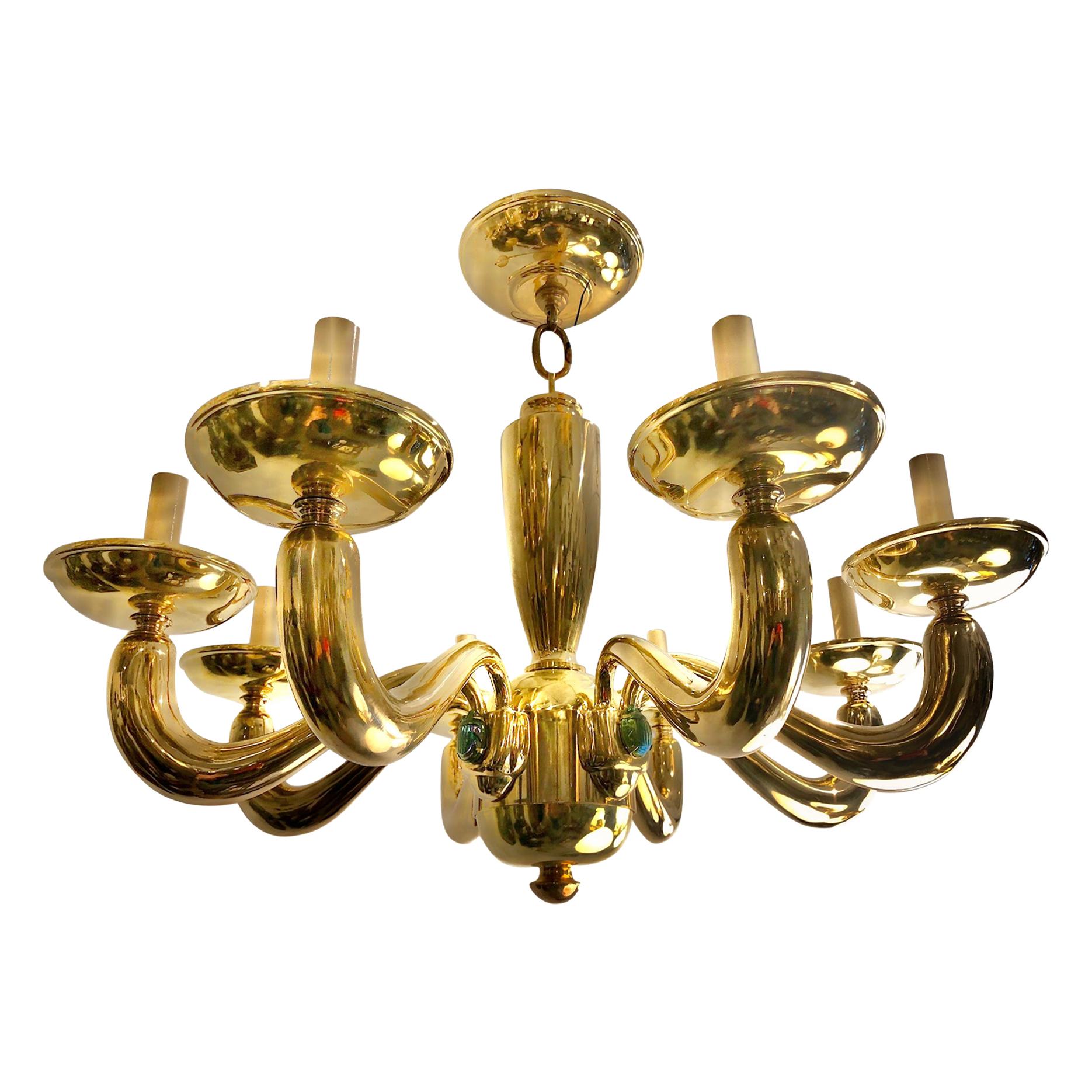Pair of Midcentury Chandeliers with Glass Scarabs, Sold Individually