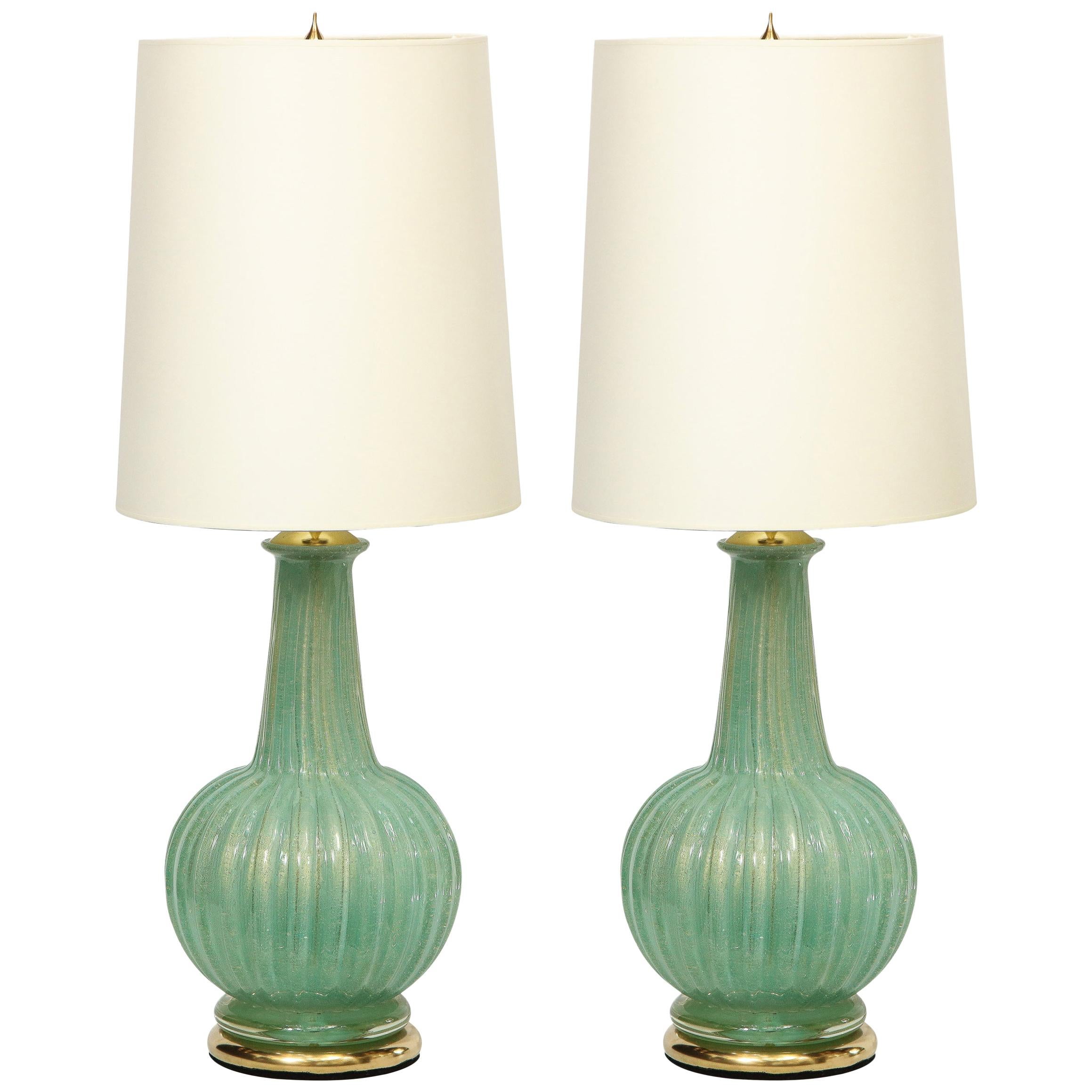 Pair of Midcentury Channeled Table Lamps with Brass Detailing, Barovier e Toso