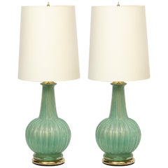 Pair of Midcentury Channeled Table Lamps with Brass Detailing, Barovier e Toso