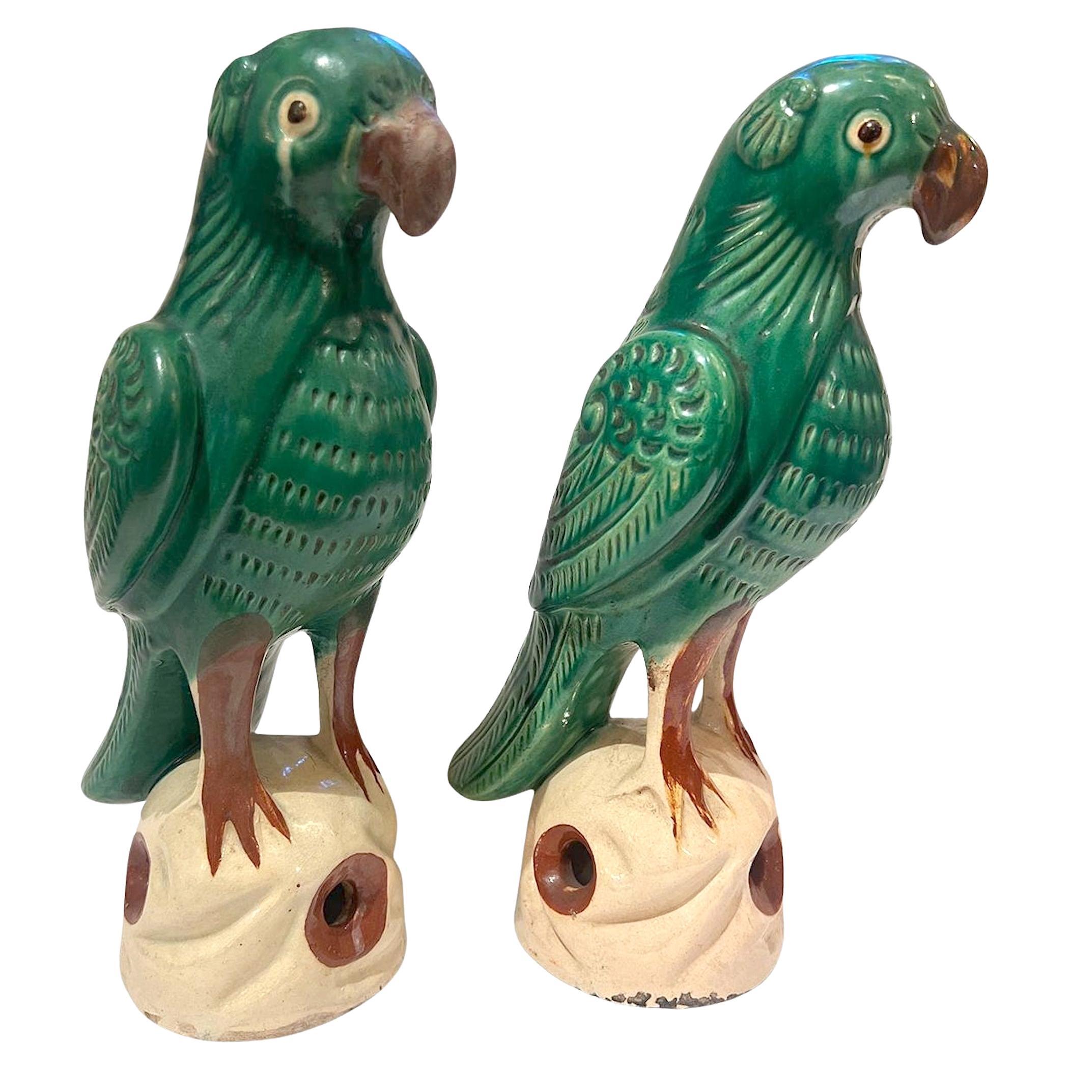 Pair of Midcentury Chinese Ceramic Parrots