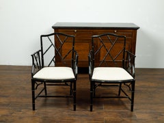 Pair of Midcentury Chinese Chippendale Style Black Faux Bamboo Armchairs