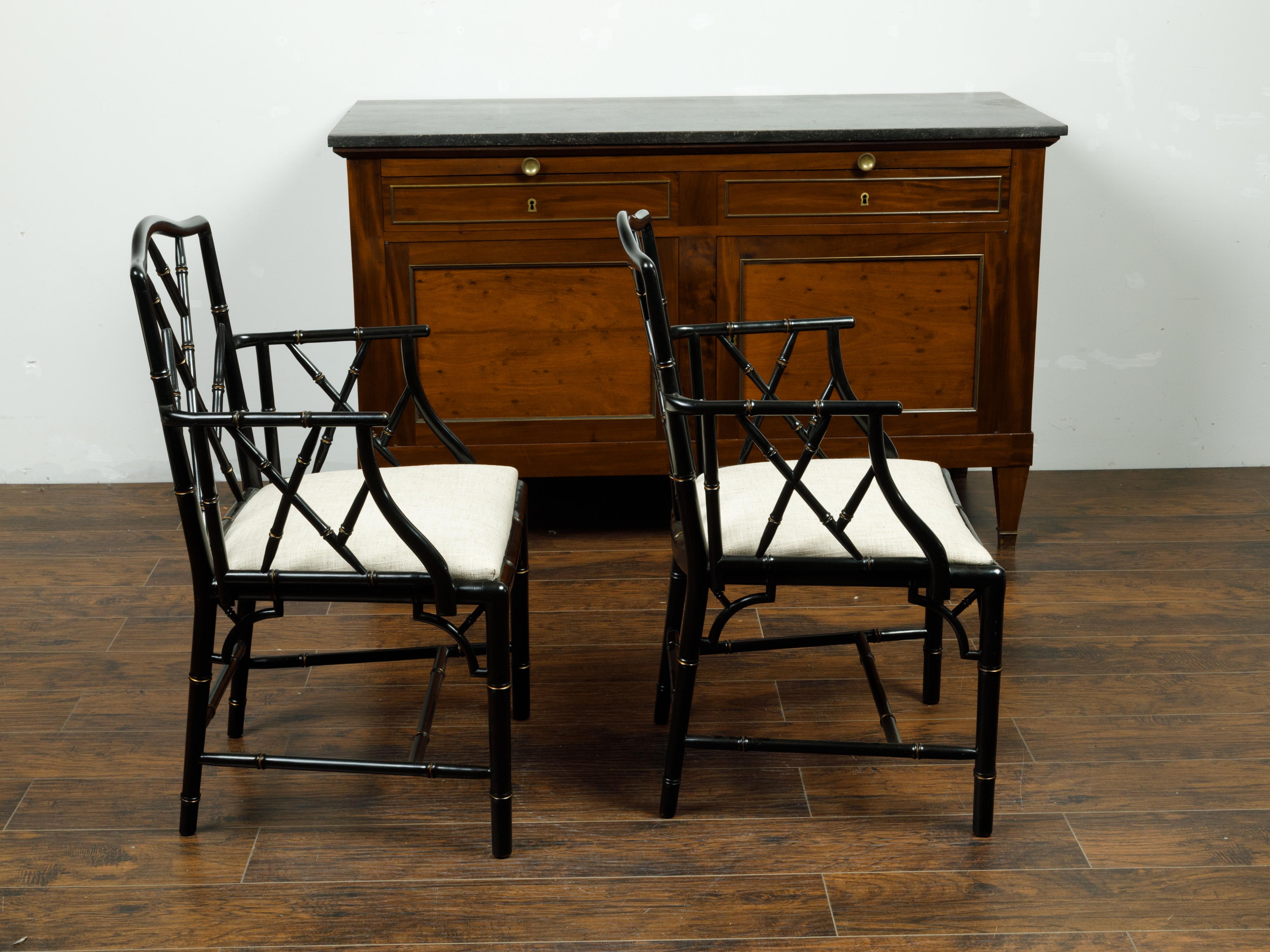 20th Century Pair of Midcentury Chinese Chippendale Style Black Faux Bamboo Armchairs For Sale