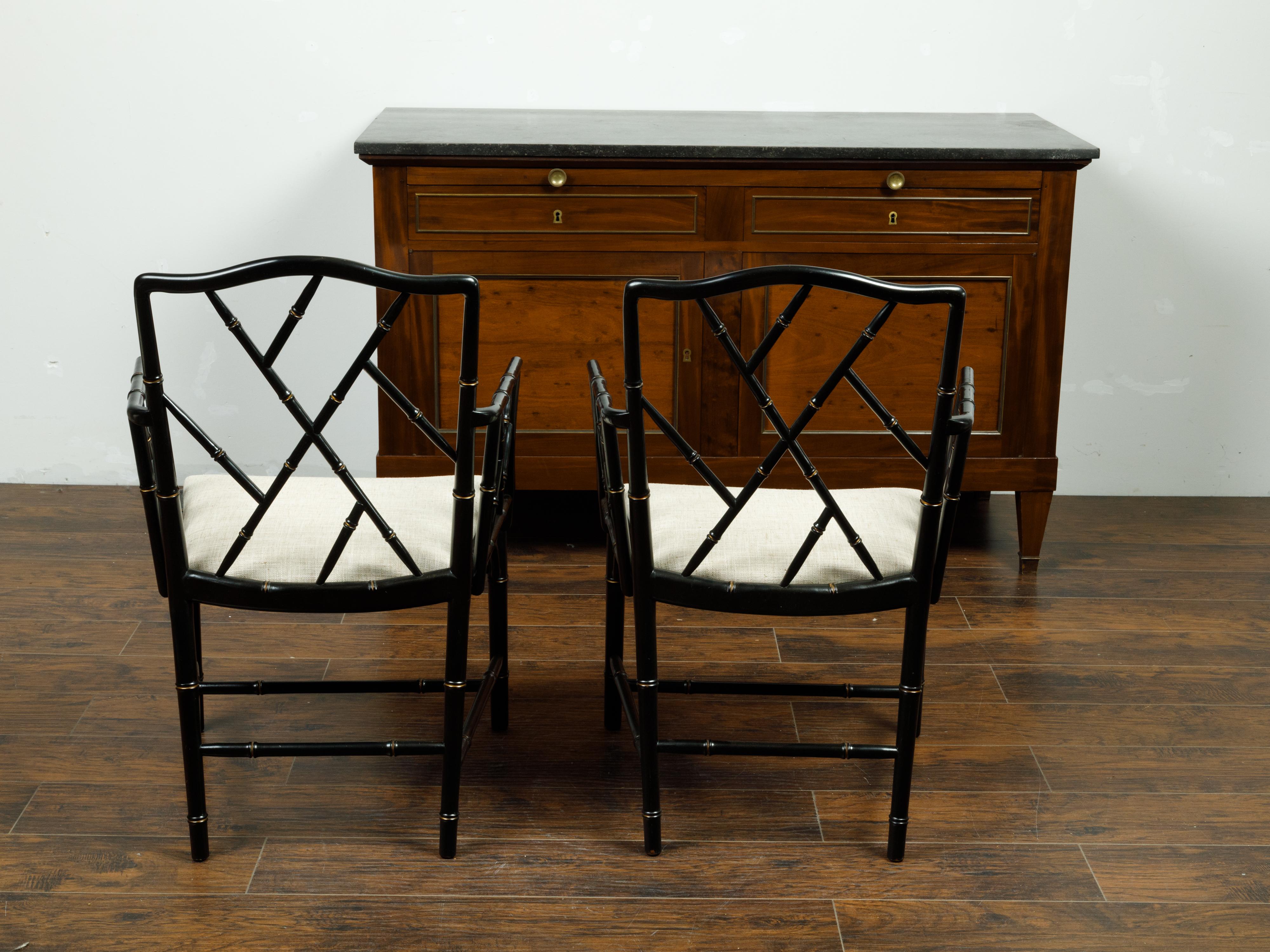Upholstery Pair of Midcentury Chinese Chippendale Style Black Faux Bamboo Armchairs For Sale