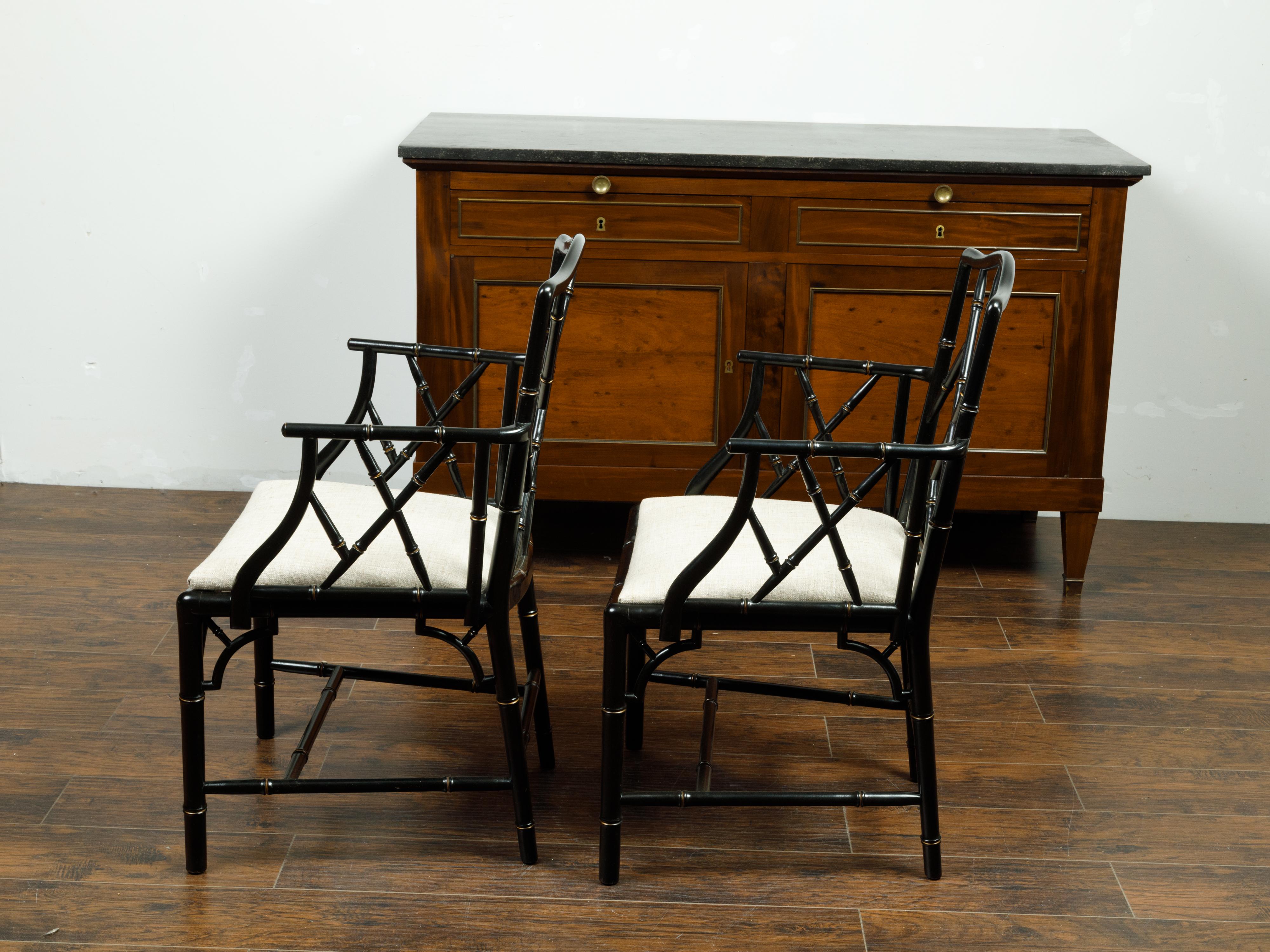 Pair of Midcentury Chinese Chippendale Style Black Faux Bamboo Armchairs For Sale 2