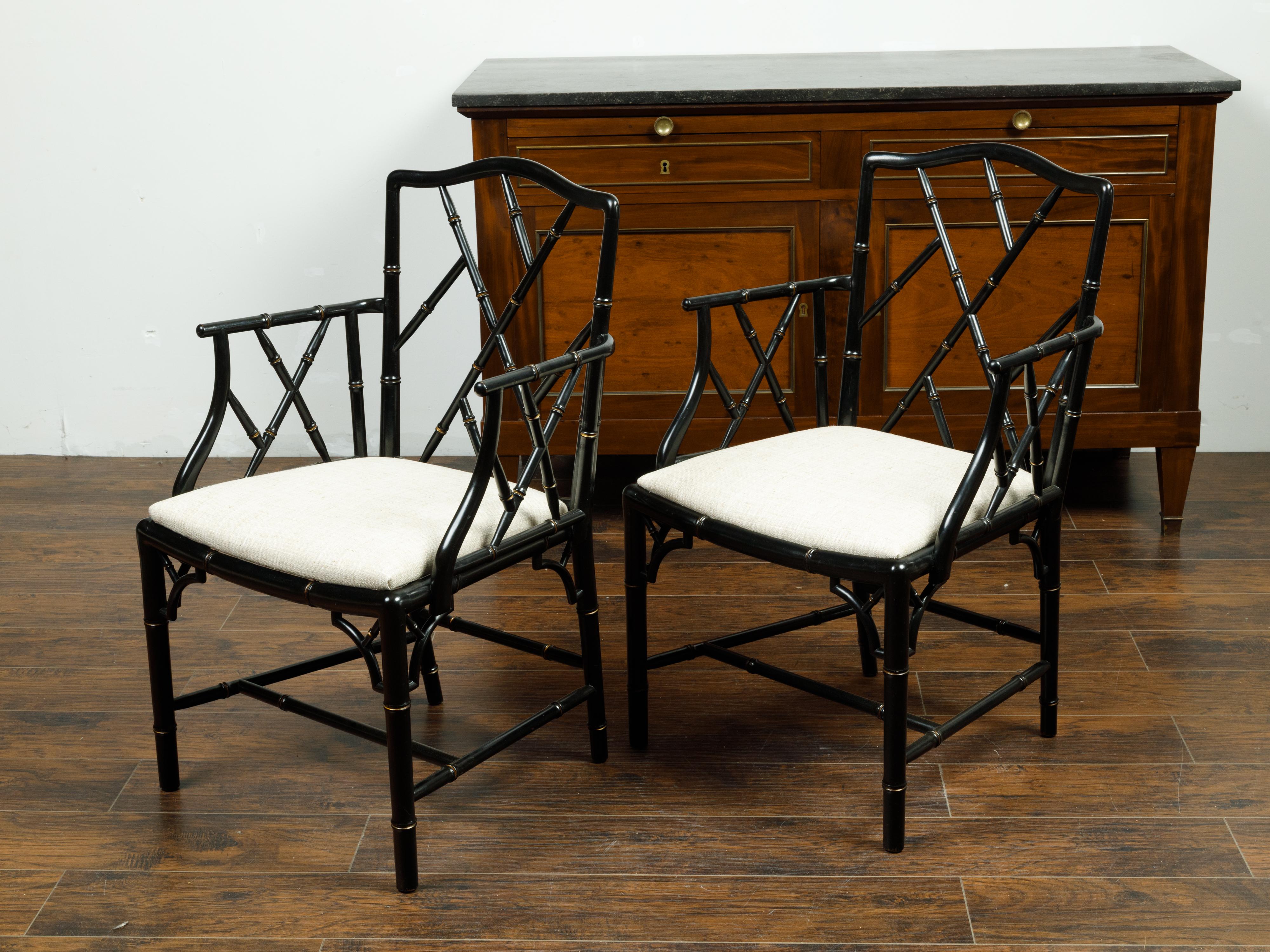 Pair of Midcentury Chinese Chippendale Style Black Faux Bamboo Armchairs For Sale 3