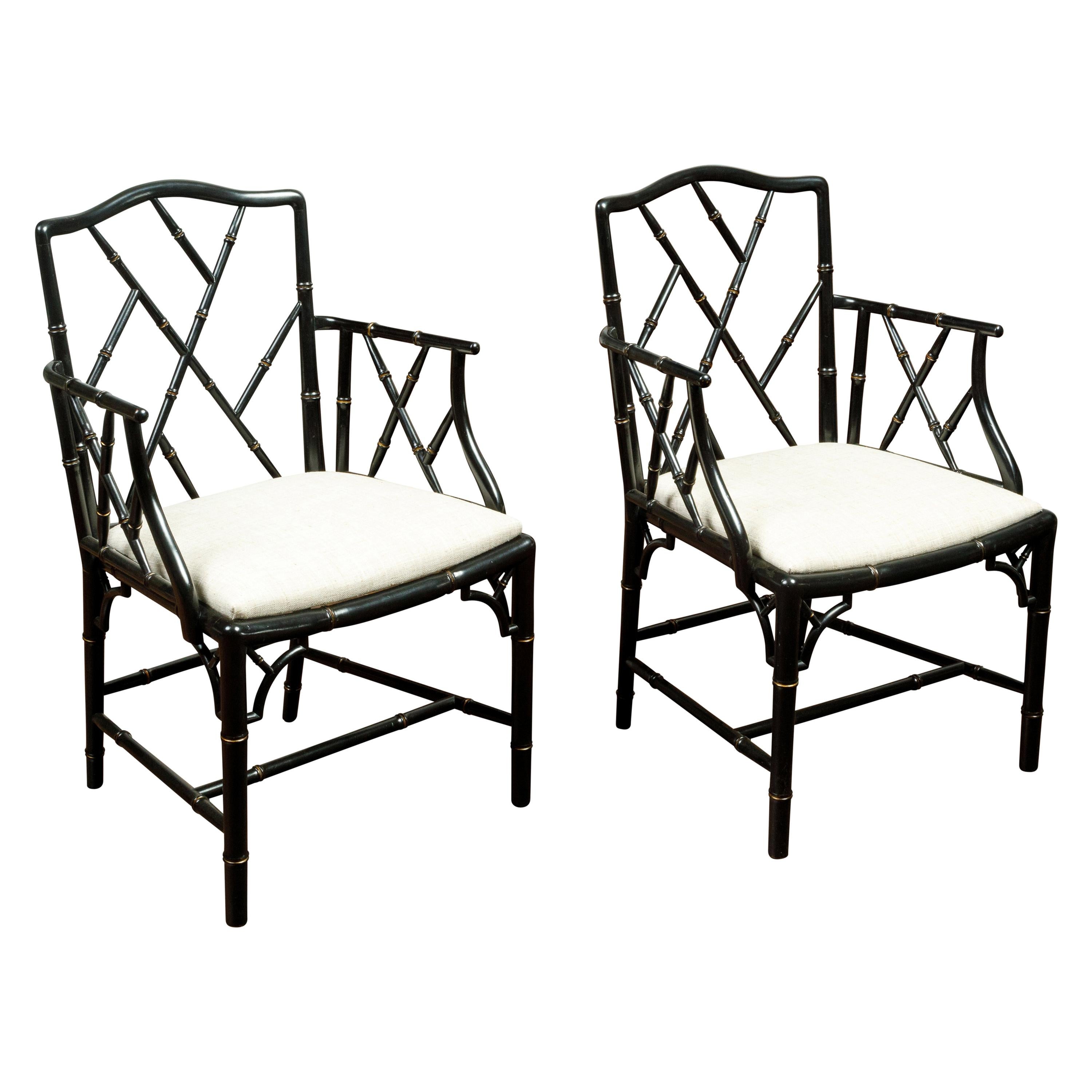 Pair of Midcentury Chinese Chippendale Style Black Faux Bamboo Armchairs For Sale