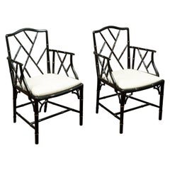 Pair of Midcentury Chinese Chippendale Style Black Faux Bamboo Armchairs