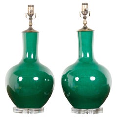 Pair of Midcentury Chinese Green Table Lamps Mounted on Lucite Bases