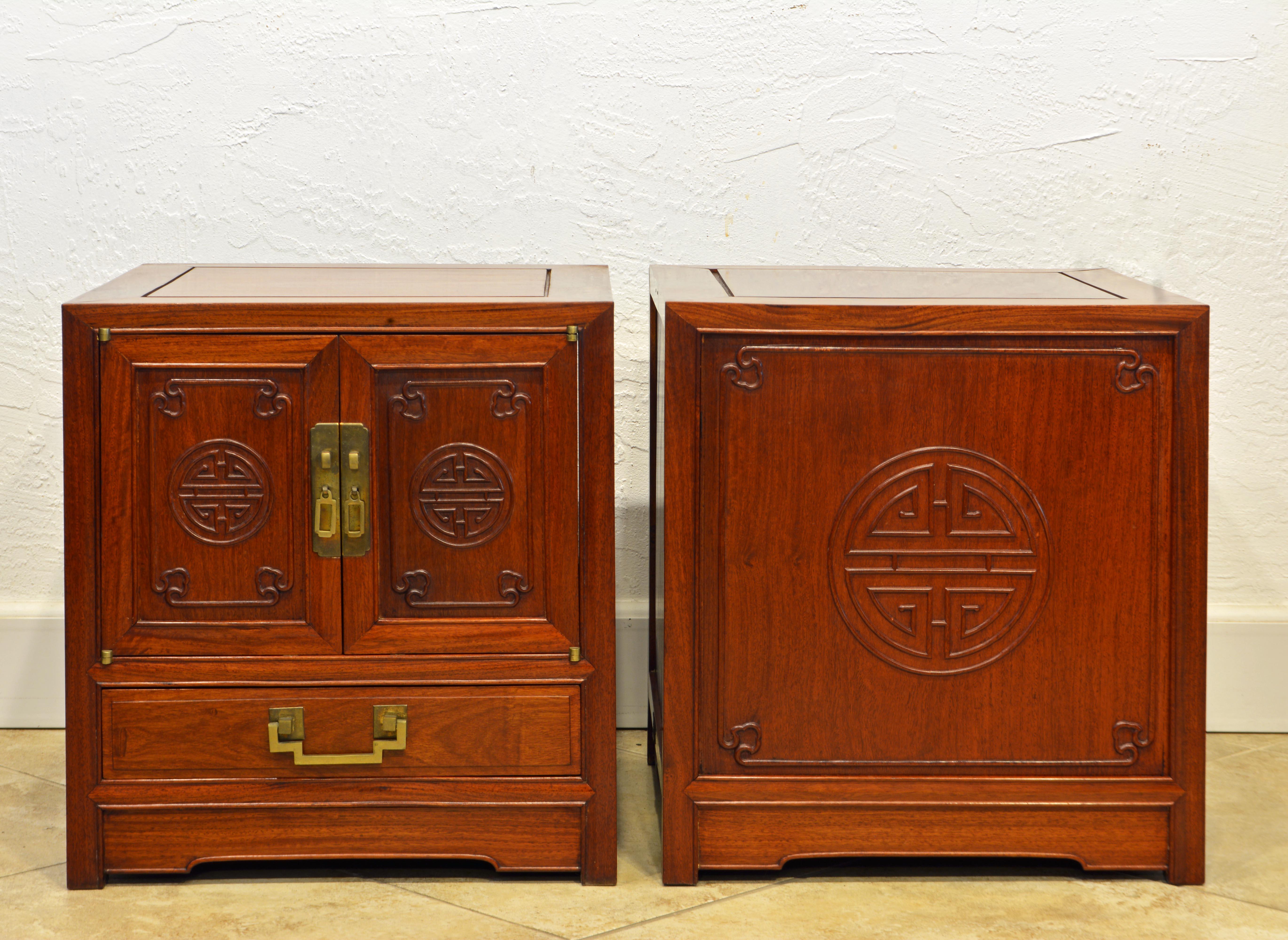 Carved Pair of Midcentury Chinese Ming Style Solid Mahogany End Tables by George Zee