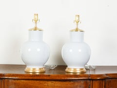 Pair of Mid-Century Chinese White Ceramic Table Lamps on Round Giltwood Bases