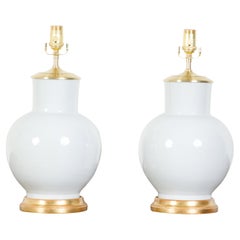 Pair of Mid-Century Chinese White Ceramic Table Lamps on Round Giltwood Bases