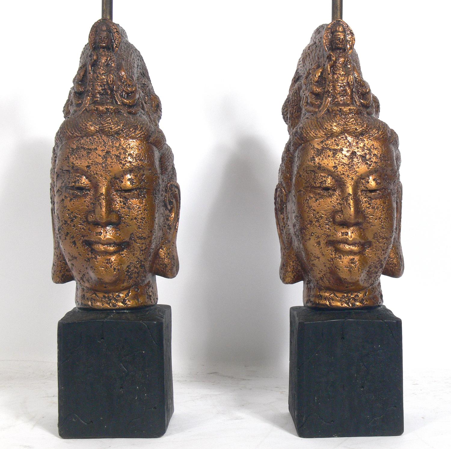 Pair of midcentury chinoiserie Guanyin Lamps, probably American, circa 1960s. They have been rewired and the price noted below includes the shades.