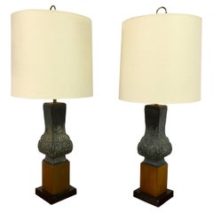 Pair of Midcentury Chinoiserie Style Ceramic and Teak Table Lamps