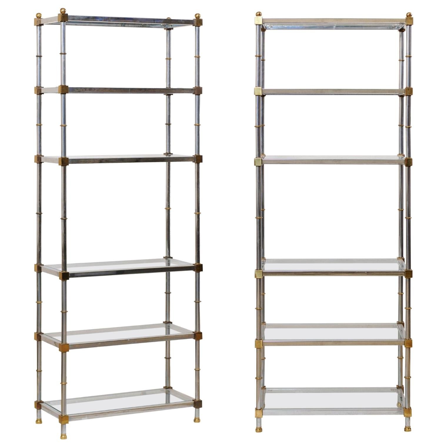 Pair of Midcentury Chrome and Glass Open Display Shelves, Maison Jansen Style