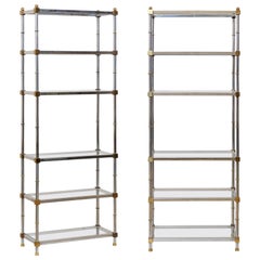 Retro Pair of Midcentury Chrome and Glass Open Display Shelves, Maison Jansen Style