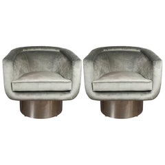 Pair of Midcentury Chrome and Platinum Velvet Club Chairs by Leon Rosen for Pace
