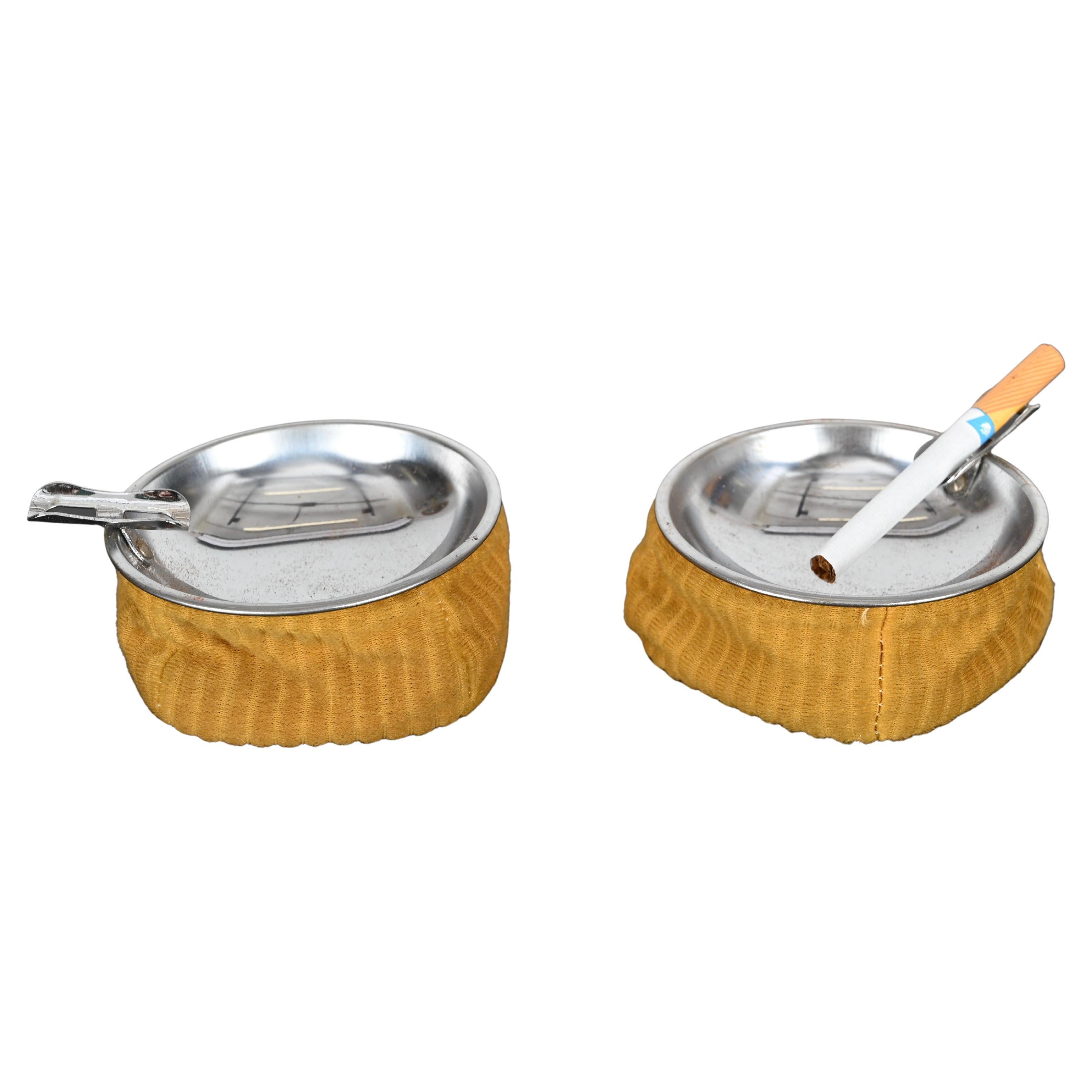 Pair of Midcentury Chrome and Yellow Velvet Italian Ashtrays, 1950s For Sale