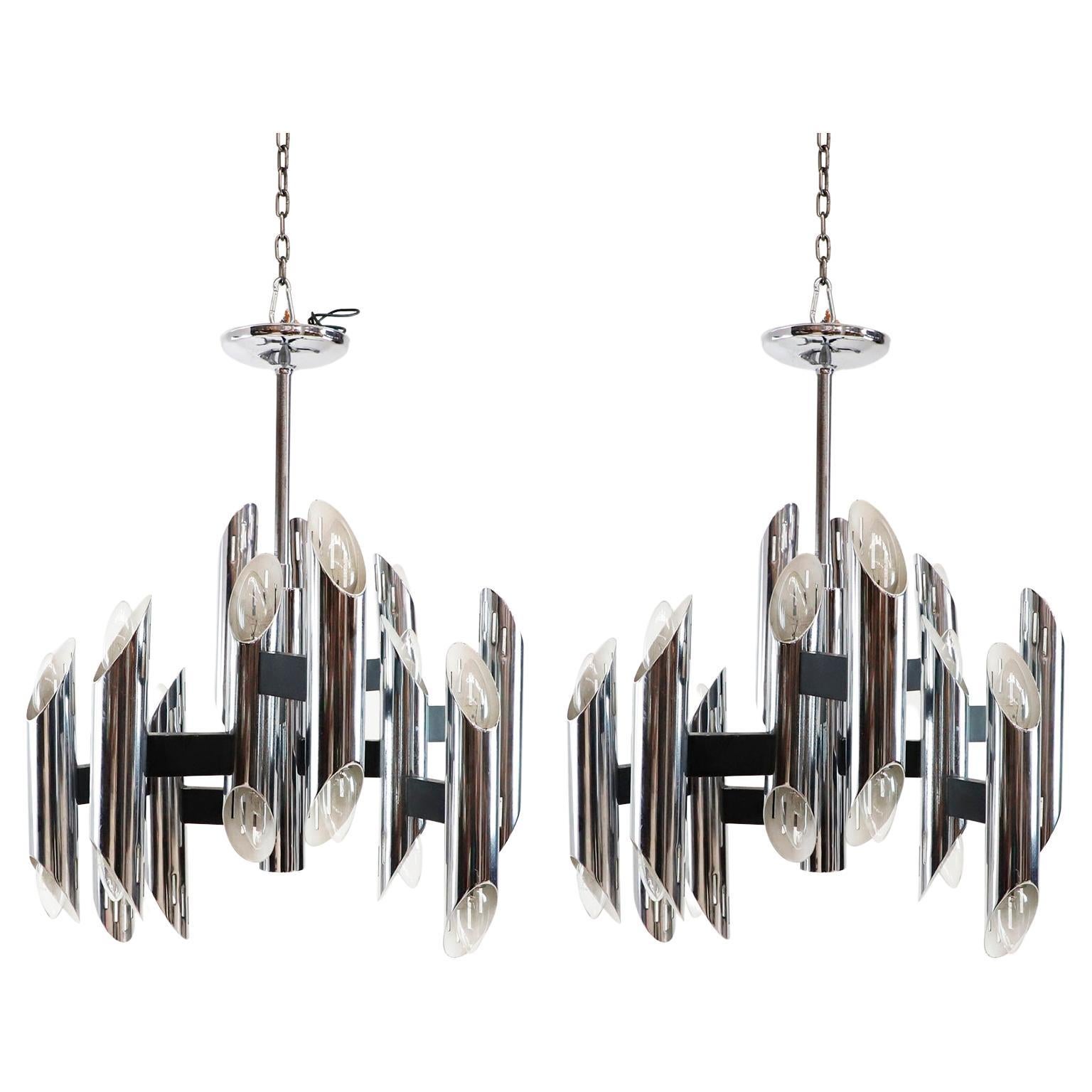 Pair of Midcentury Chrome Chandeliers For Sale