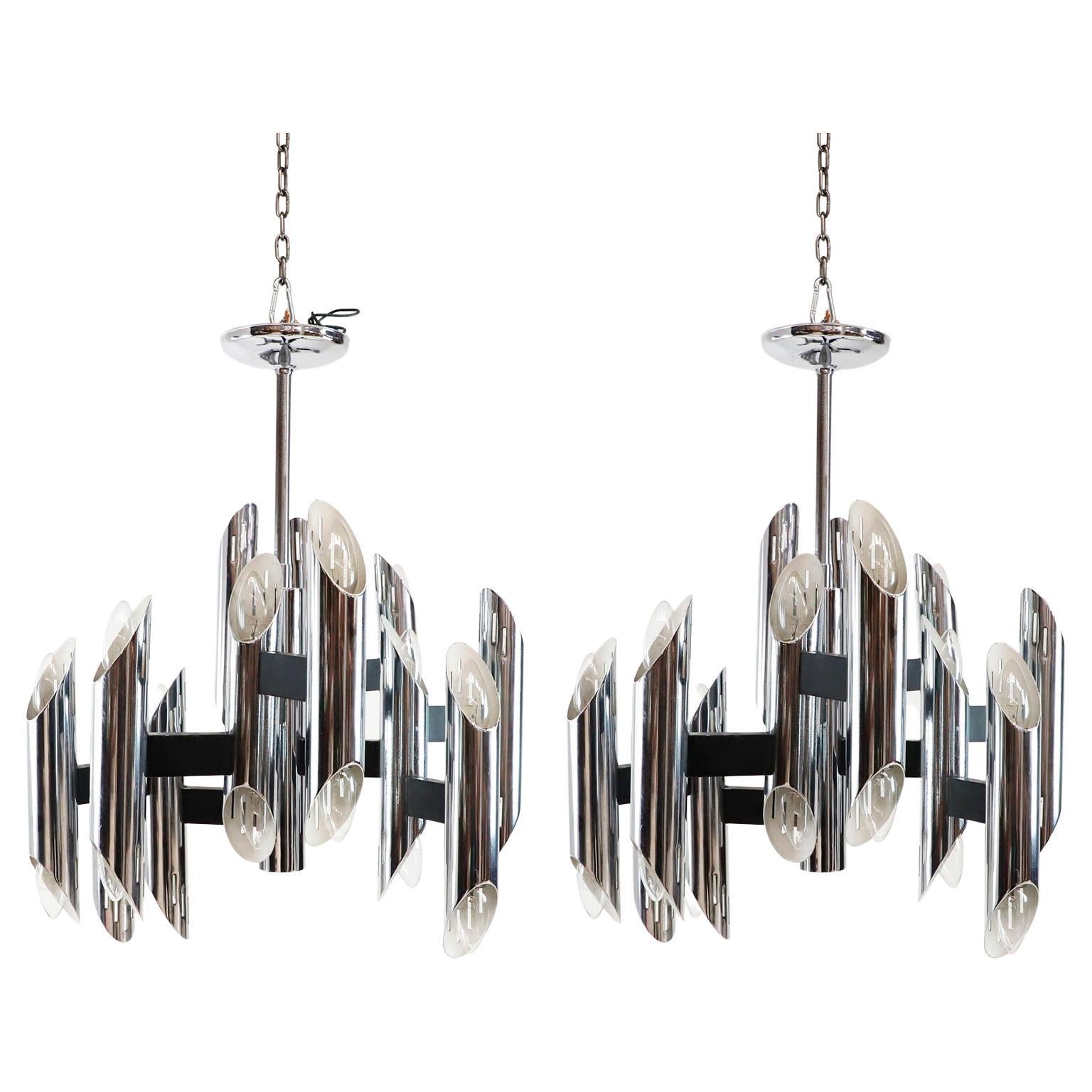 Pair of Midcentury Chrome Chandeliers