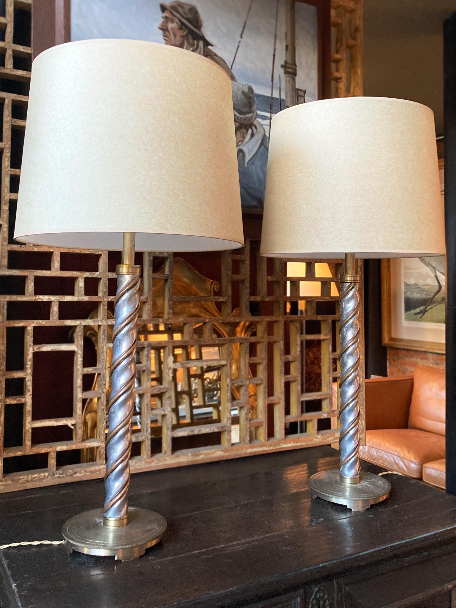 Pair of Midcentury Chrome & Copper Table Lamps In Good Condition In New York, NY