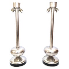 Pair of Midcentury Chromed and Black Enamel Spanish Table Lamps, 1970s