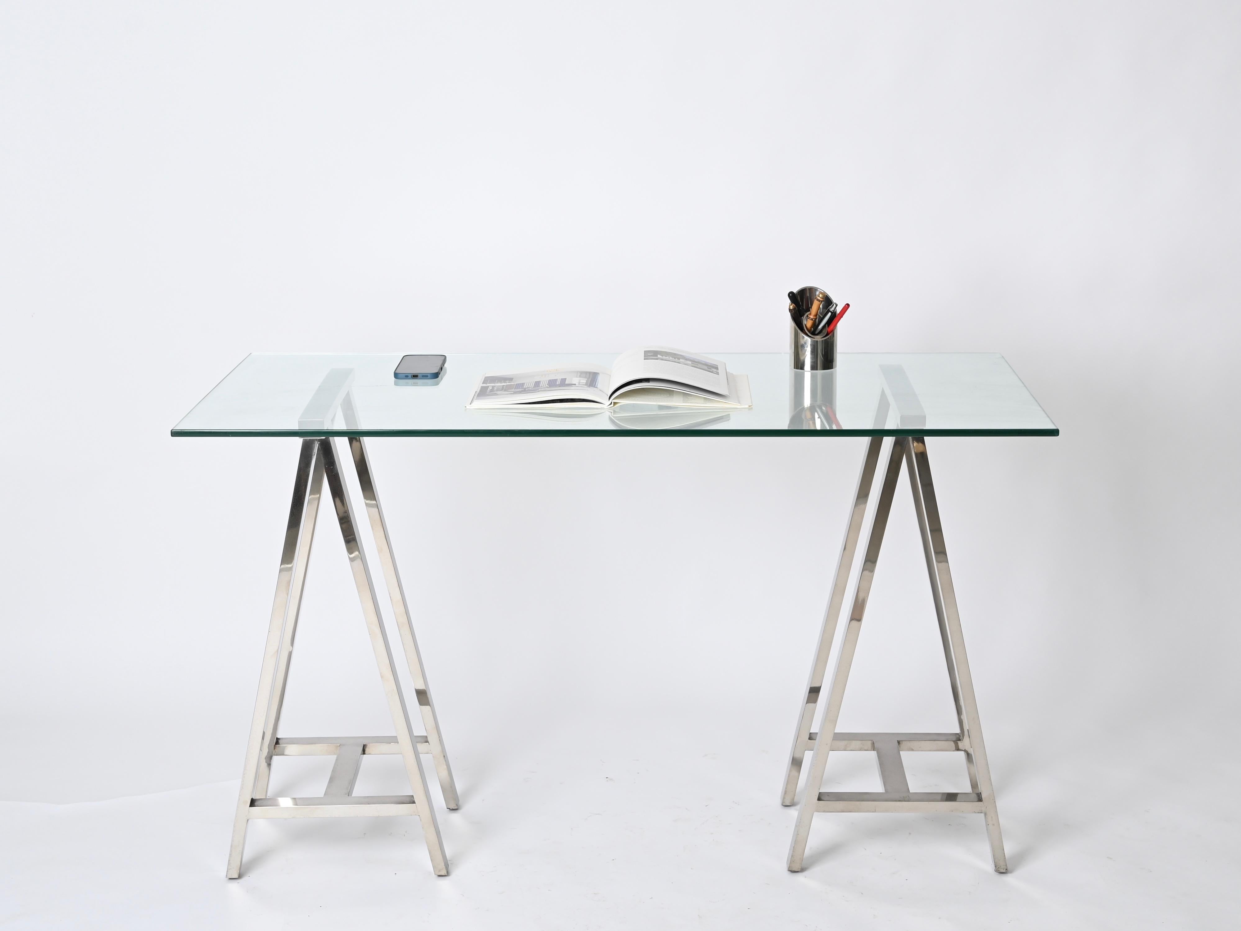 Pair of Midcentury Chromed Steel Italian Trestles After Milo Baughman, 1970s For Sale 6