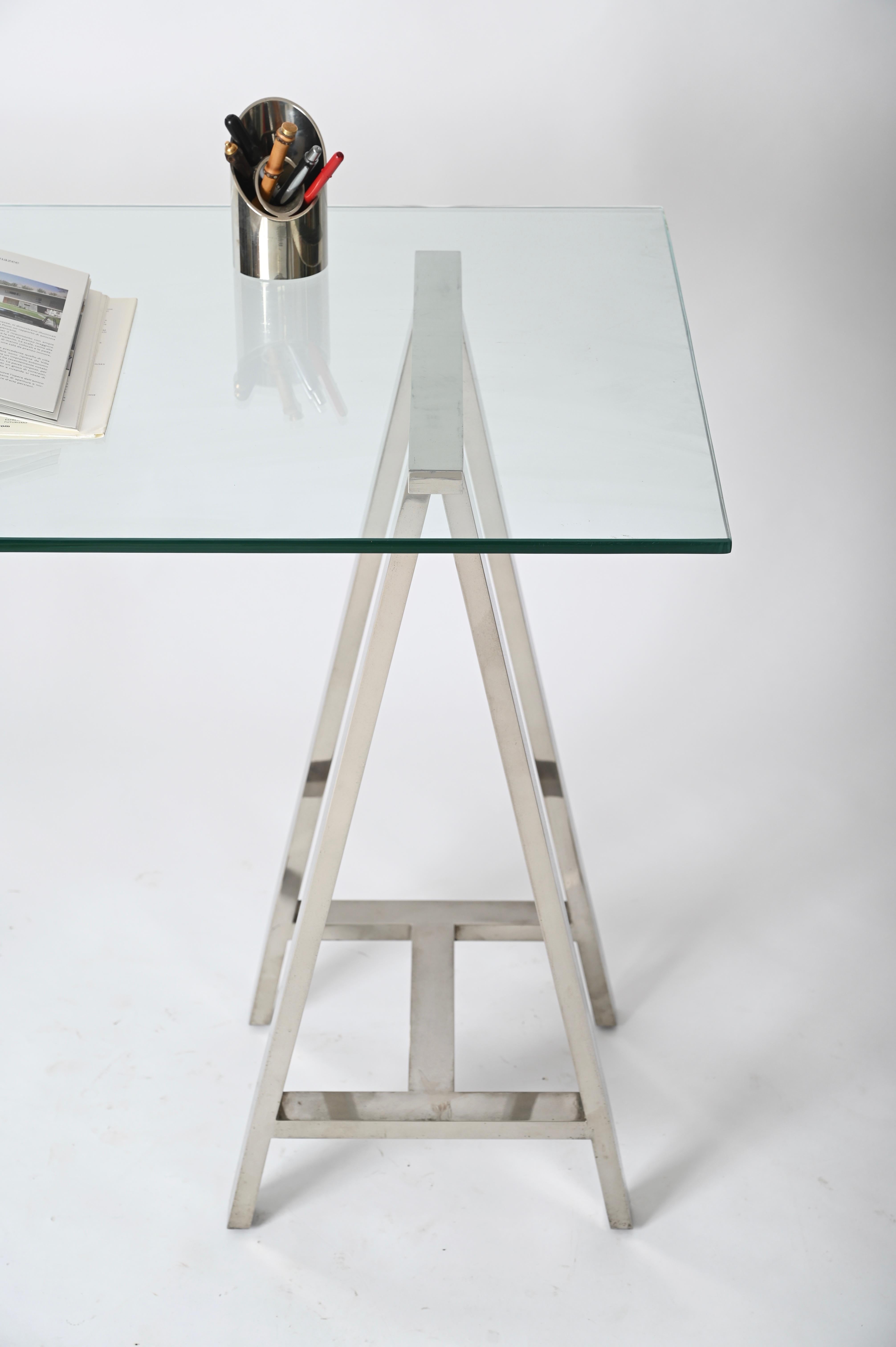 Pair of Midcentury Chromed Steel Italian Trestles After Milo Baughman, 1970s For Sale 8