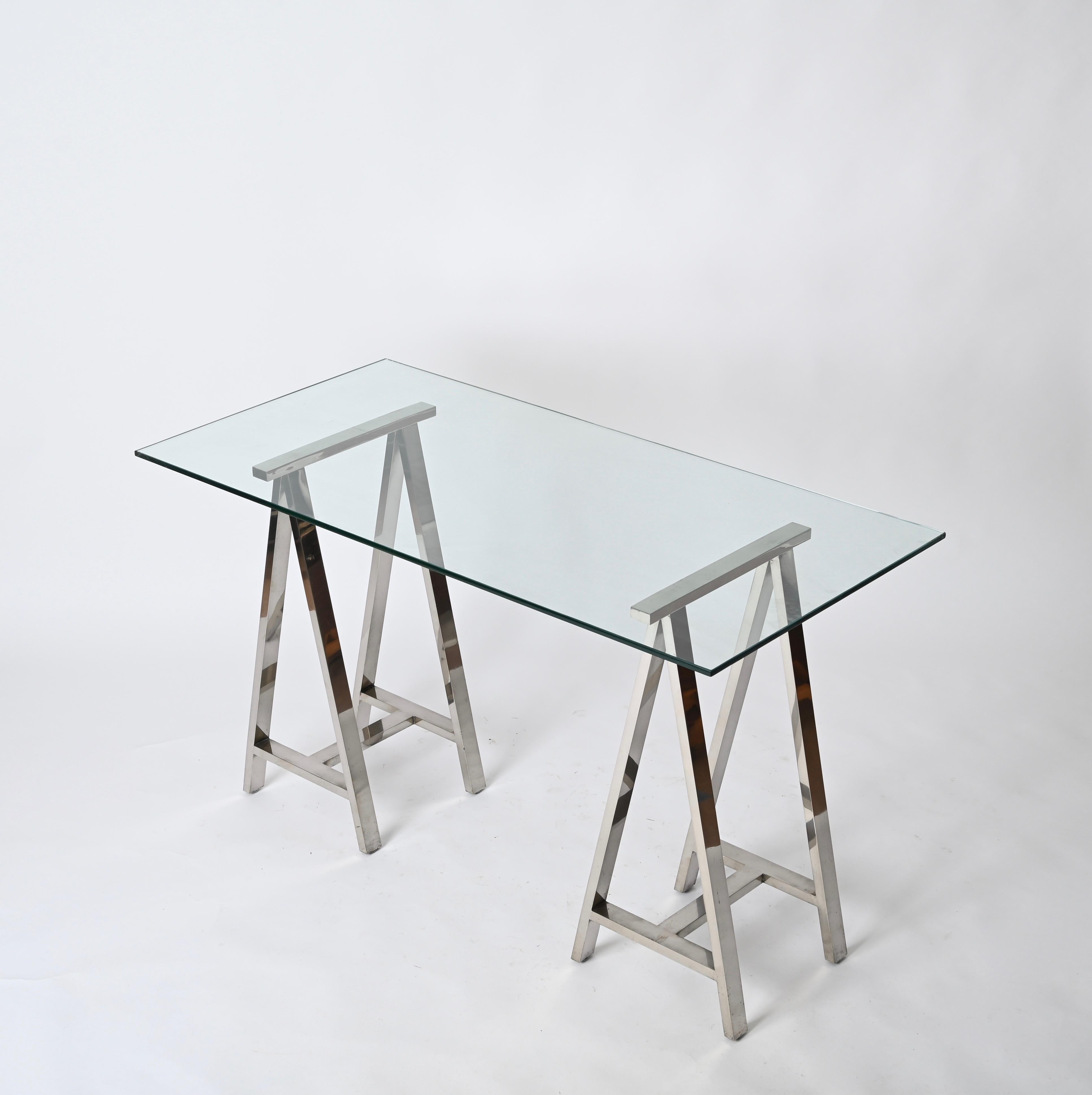 Pair of Midcentury Chromed Steel Italian Trestles After Milo Baughman, 1970s For Sale 10