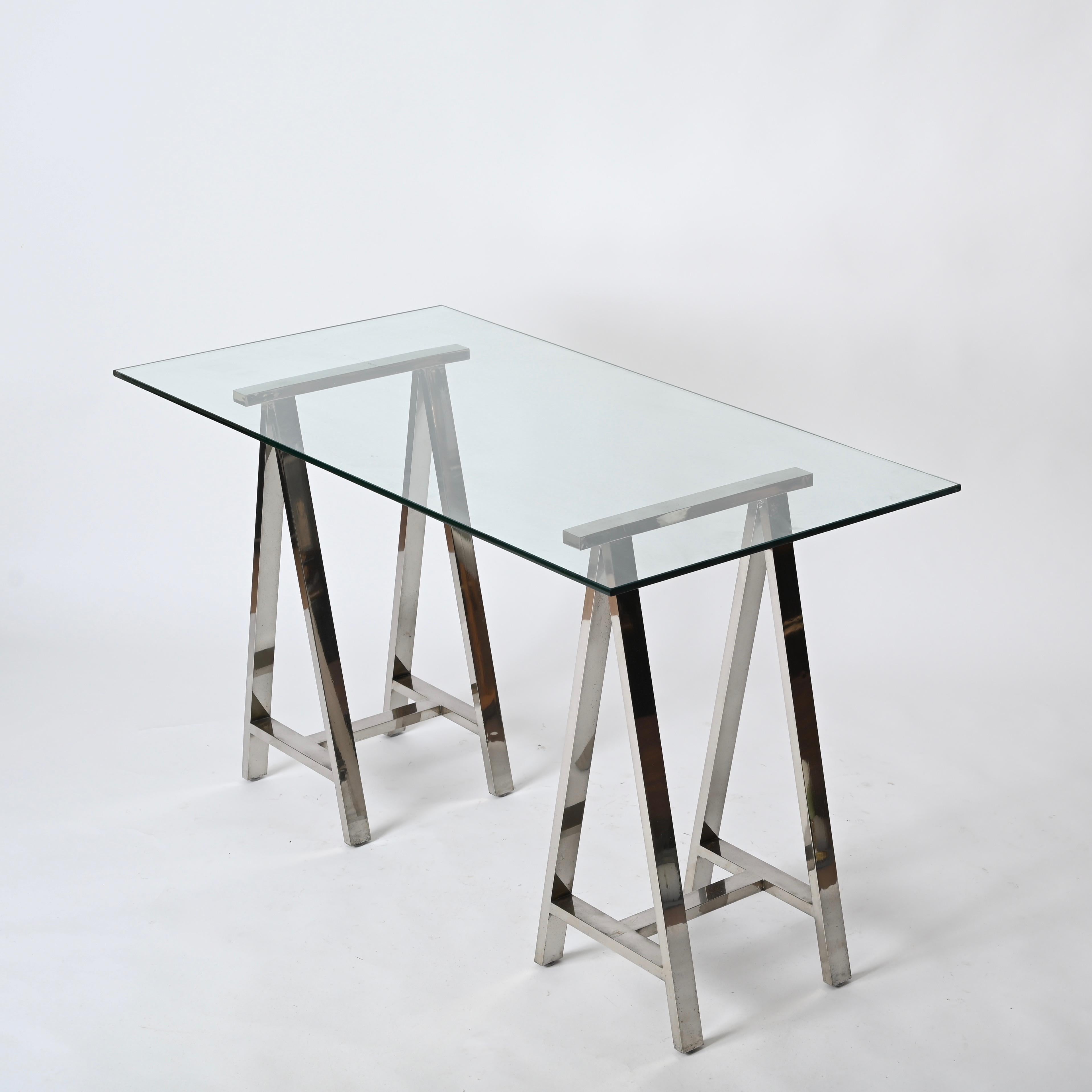 Pair of Midcentury Chromed Steel Italian Trestles After Milo Baughman, 1970s For Sale 12