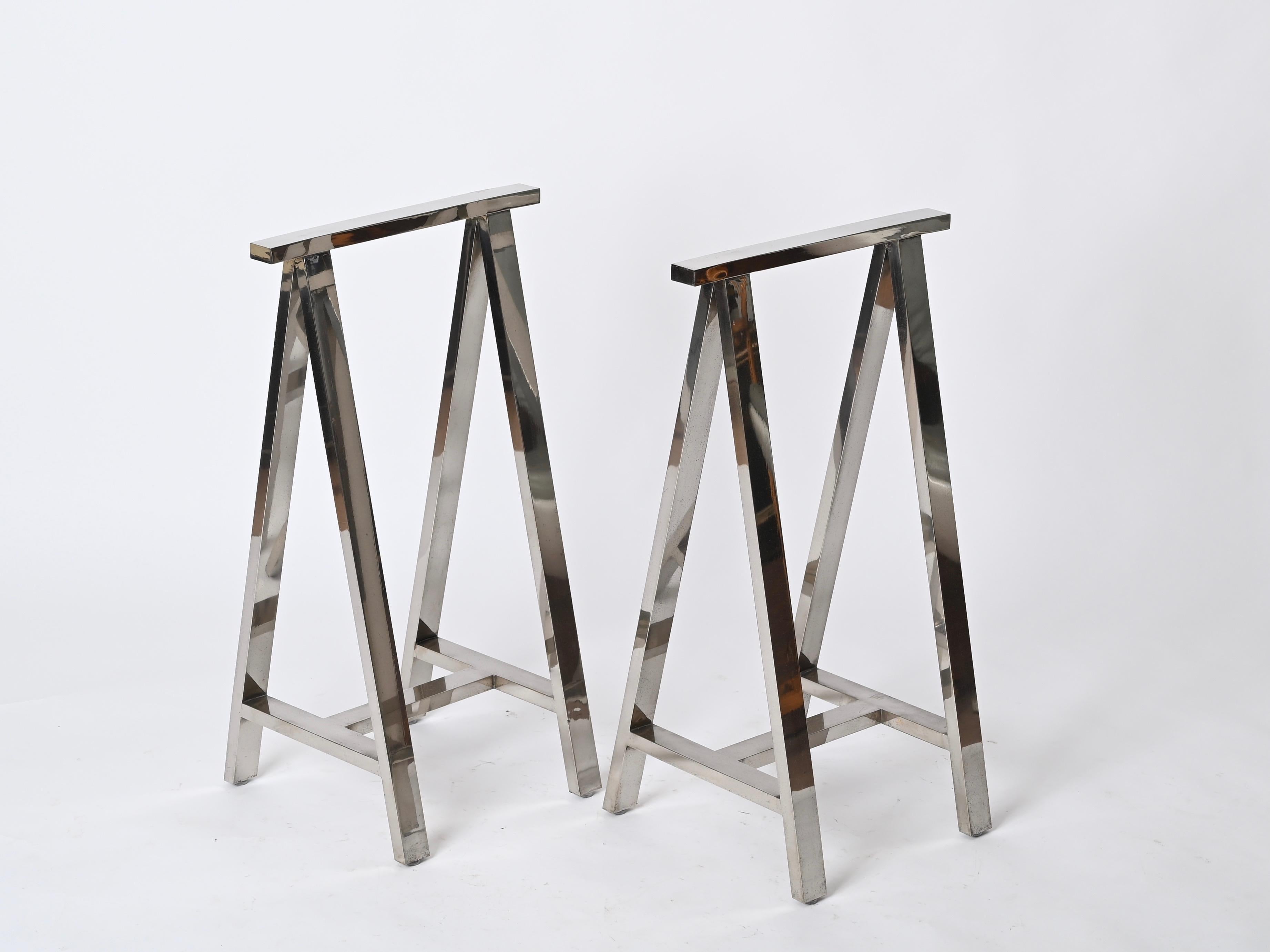 Mid-Century Modern Pair of Midcentury Chromed Steel Italian Trestles After Milo Baughman, 1970s For Sale