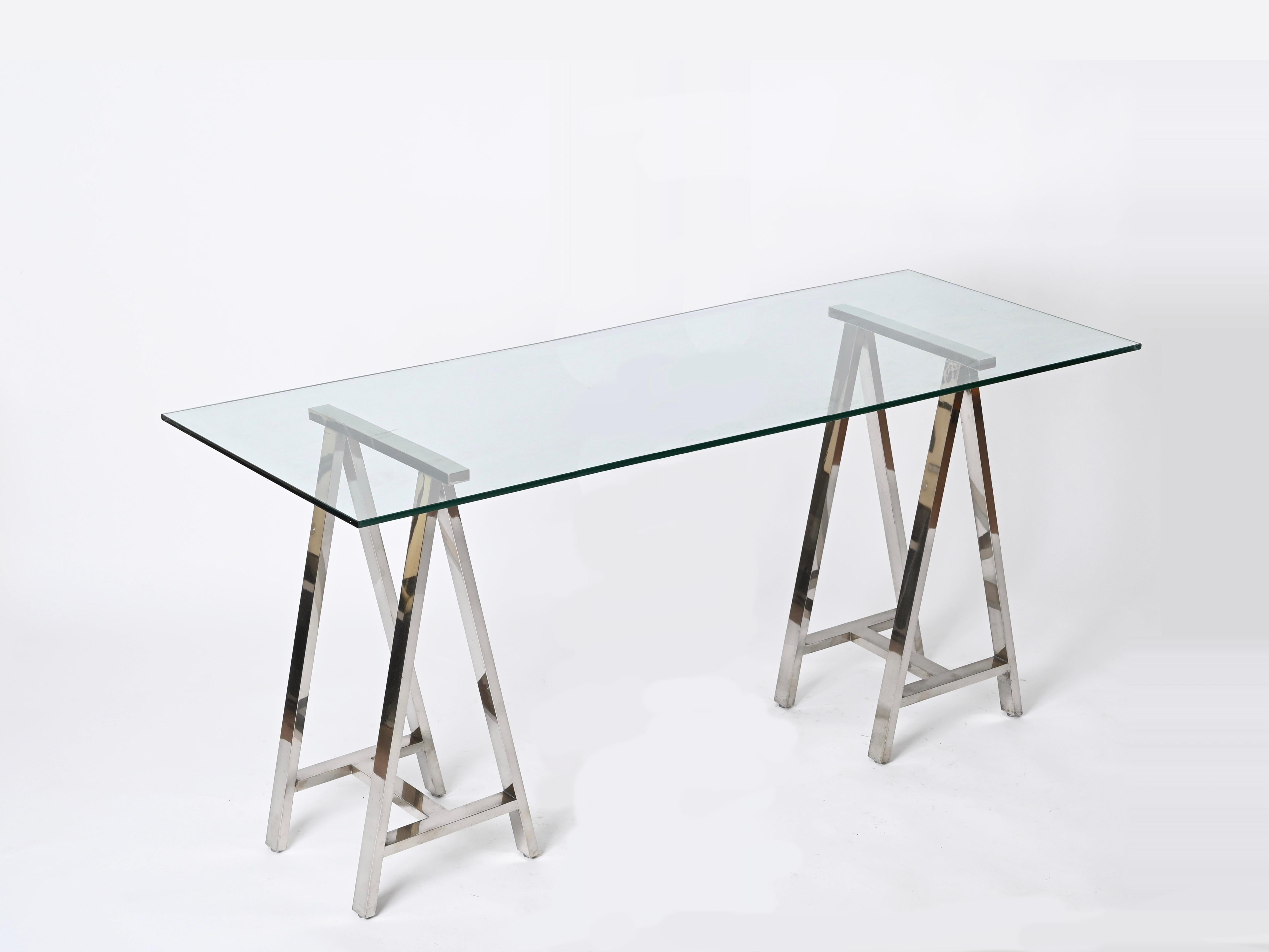 Pair of Midcentury Chromed Steel Italian Trestles After Milo Baughman, 1970s In Good Condition For Sale In Roma, IT