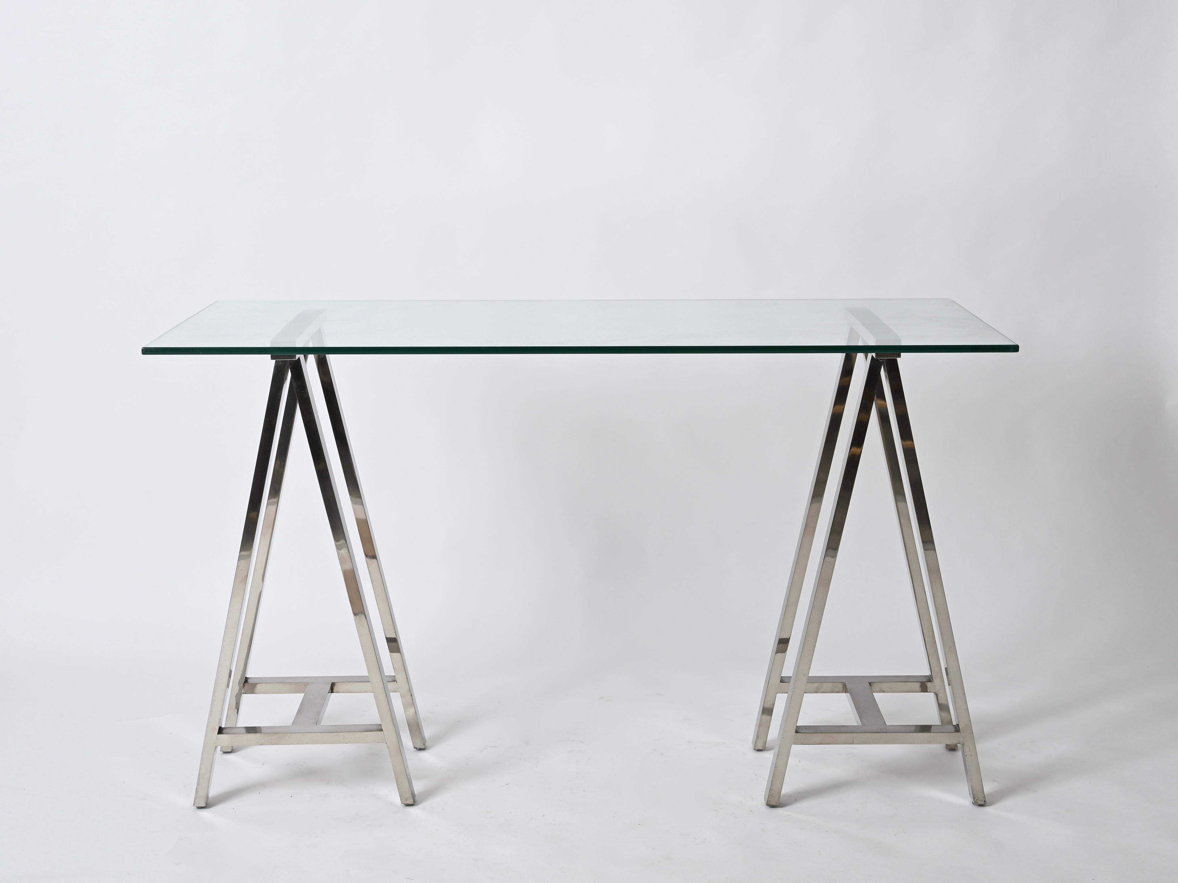 20th Century Pair of Midcentury Chromed Steel Italian Trestles After Milo Baughman, 1970s For Sale