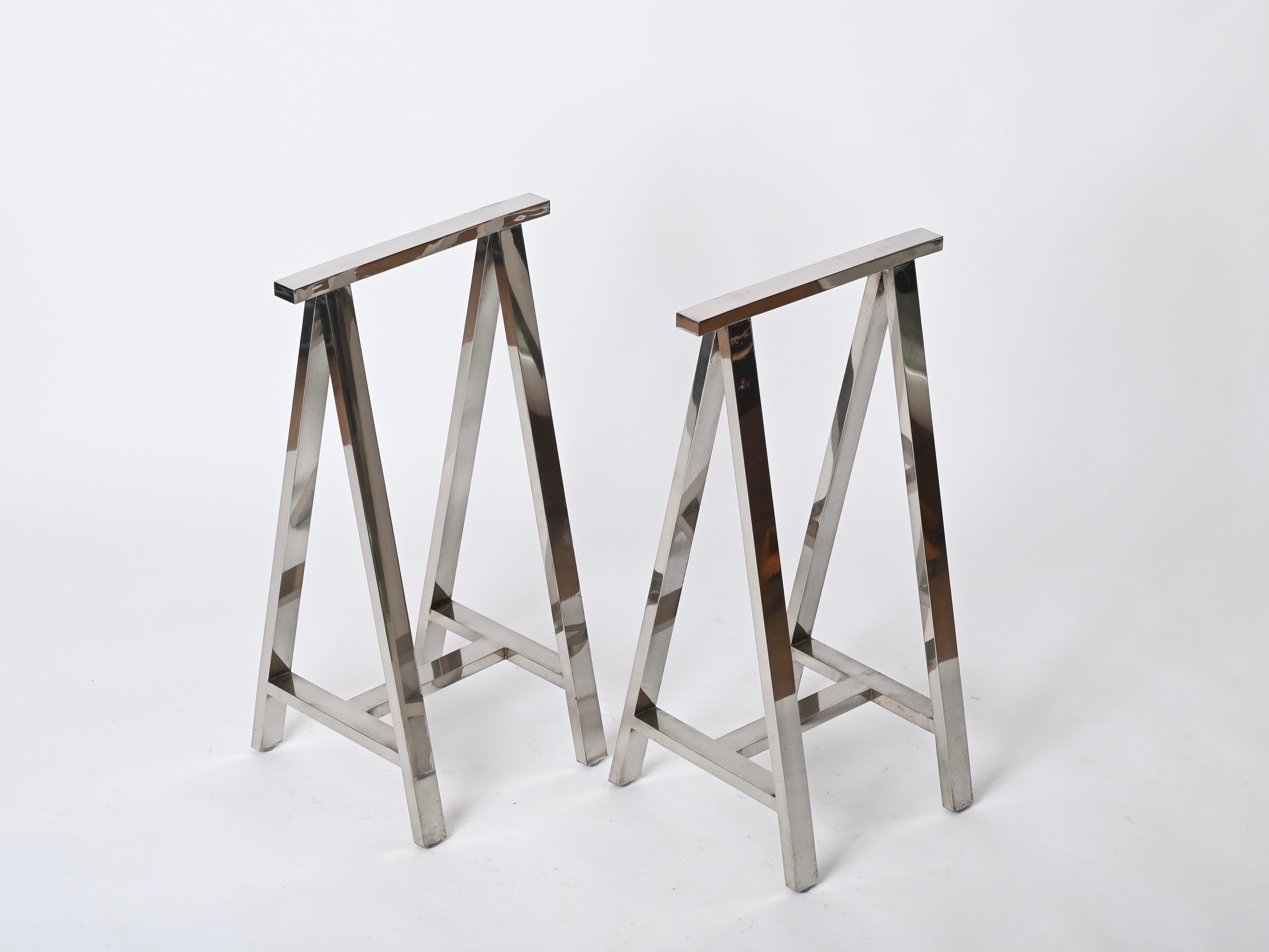 Pair of Midcentury Chromed Steel Italian Trestles After Milo Baughman, 1970s For Sale 1