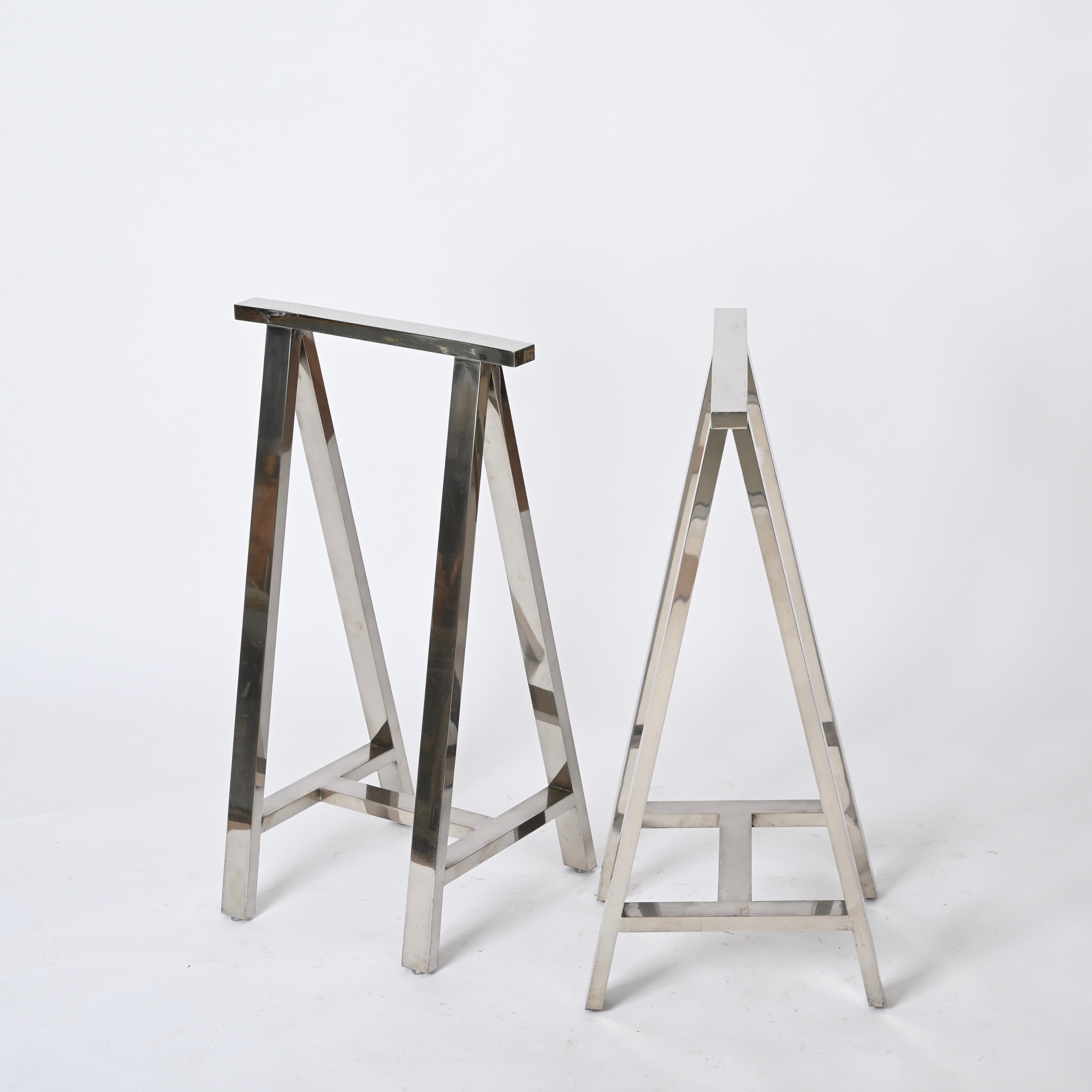 Pair of Midcentury Chromed Steel Italian Trestles After Milo Baughman, 1970s For Sale 3