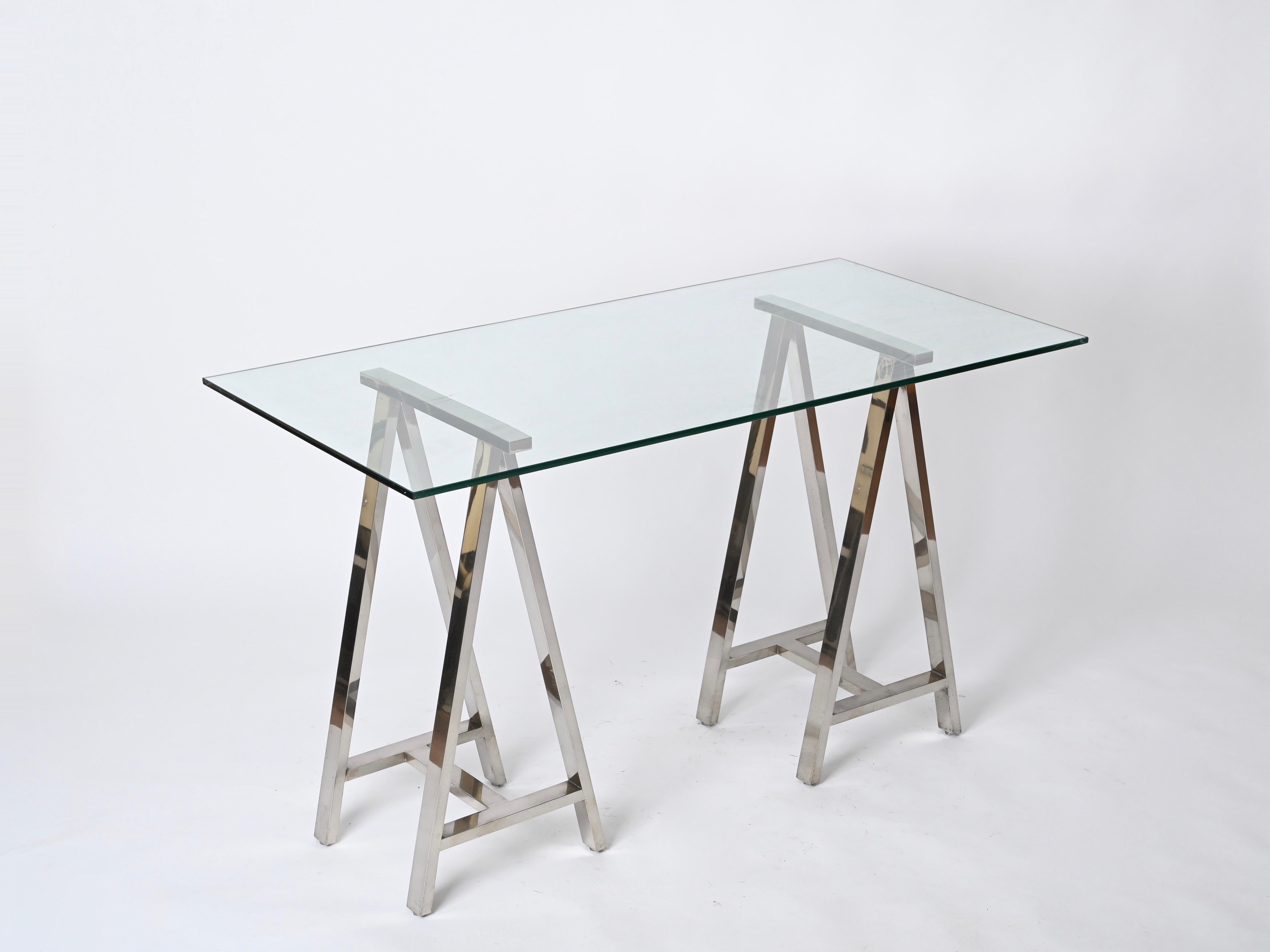Pair of Midcentury Chromed Steel Italian Trestles After Milo Baughman, 1970s For Sale 4